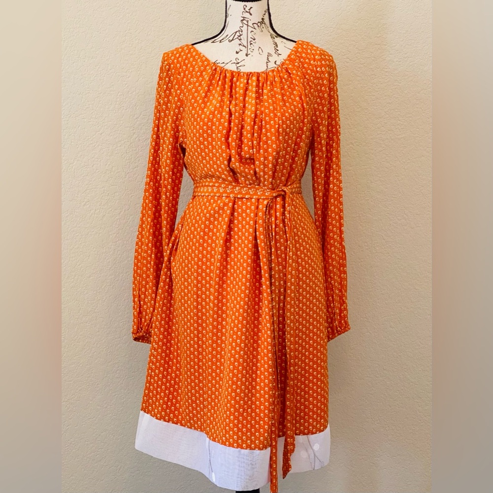 Shoshanna Silk orange/white long sleeve dress tie white embroidered trim EUC